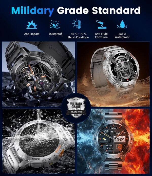 Military Smart Watches for Men(Answer/Make Calls) with LED Flashlight,530mAh Large Battery,1.43’’ AMOLED Fitness Tracker Heart Rate/SpO2/Sleep Monitor 5ATM Smartwatch for Android iOS,100+Sport Modes - Image 9