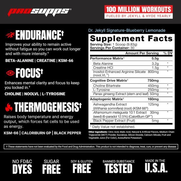 PROSUPPS Dr. Jekyll Signature Pre-Workout Powder, Stimulant & Caffeine Free, Intense Focus, Energy & Pumps, (30 Servings, Blueberry Lemonade) - Image 7