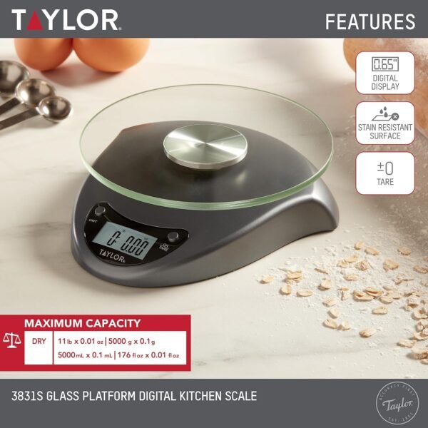 Taylor Digital Kitchen Scale with Glass Platform, Tare Button, and Plastic Body Weighs up to 11 Pounds Capacity, Silver - Image 4