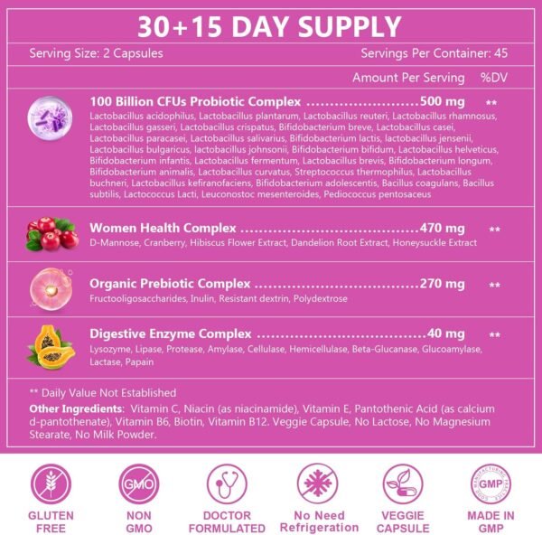 NATURE TARGET Probiotics for Women, 100 Billion CFUs Probiotic with Digestive Enzymes & Prebiotics, Vaginal Probiotics with Cranberry for Urinary Tract Health, pH Balance, 90 Veggie Capsules - Image 8
