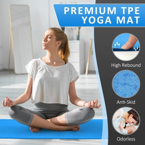 All Purpose 0.25 Inch Thick High Density No Tear Exercise Yoga Mat with Strap & Lightweight Features for Indoor & Outdoor Use, Blue - Image 5