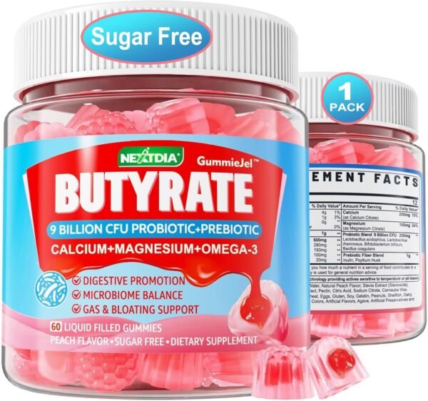 Butyrate Gummies with Probiotic + Prebiotic + Postbiotic, Omega-3 500mg,Fiber with 9 Billion CFU Probiotics, Calcium & Magnesium, Inulin,Psyllium Husk for Digestive Health,Bloating Support,Sugar Free - Image 2