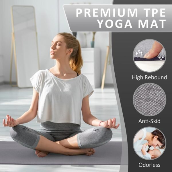 All Purpose 1/4-Inch High Density Anti-Tear Exercise Yoga Mat with Carrying Strap and Yoga Blocks, Gray - Image 5