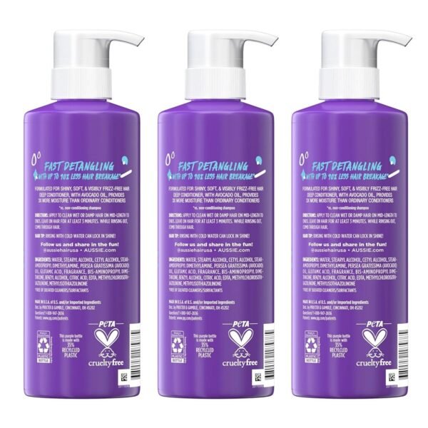 Aussie 3 Minute Miracle Moist Deep Conditioner for Dry Hair, Avocado & Jojoba Oil, Safe for Color Treated Hair, Nourishing Hydration, Silky Shine, Paraben-Free, 16 Fl Oz Each, Triple Pack - Image 9