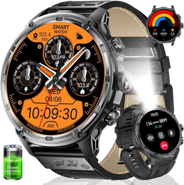 Smart Watch for Men(LED Flashlight), 1.85" Extra Large Smartwatch, 800mAh Extra-Long Battery, IP67 Waterproof Fitness Tracker Watch, 100+ Sports Mode/Heart Rate/Sleep Monitor for Android iOS - Image 2
