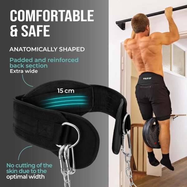 PULLUP & DIP Belt with Chain and 3x Carabiner, Dip Belt incl. Neoprene Flaps as Clothing Protection, Weightlifting Belt, Weighted Belt, Pull-Up Belt for Calisthenics, Weight Training, Bodybuilding - Image 3