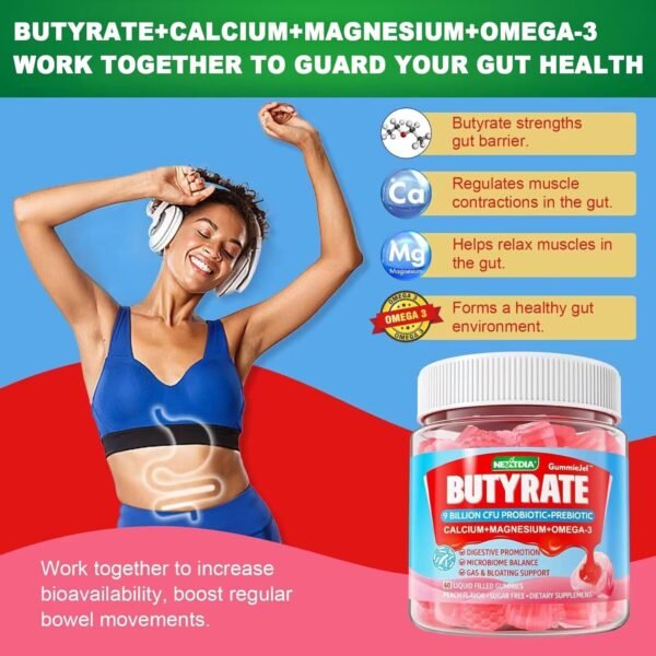 Butyrate Gummies with Probiotic + Prebiotic + Postbiotic, Omega-3 500mg,Fiber with 9 Billion CFU Probiotics, Calcium & Magnesium, Inulin,Psyllium Husk for Digestive Health,Bloating Support,Sugar Free - Image 6