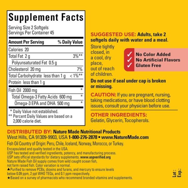 Nature Made Fish Oil 1000 mg Softgels, Fish Oil Supplements, Omega 3 Fish Oil for Healthy Heart Support, Omega 3 Supplement with 90 Softgels, 45 Day Supply - Image 6