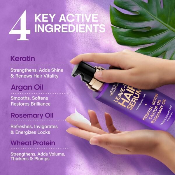 Hydrating Hair Serum for Frizzy and Damaged Hair - Keratin Hair Treatment for Dry Damaged Hair w/ Biotin, Castor Oil, Rosemary Oil, Hair Heat Protectant & Anti Frizz Hair Serum For Frizzy Hair, 5 Oz - Image 4