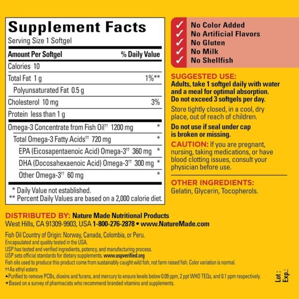 Nature Made Omega 3 Fish Oil 1200 mg, Fish Oil Supplements as Ethyl Esters, Omega 3 Fish Oil for Healthy Heart, Brain and Eyes Support, One Per Day, Omega 3 Supplement with 100 Softgels - Image 6