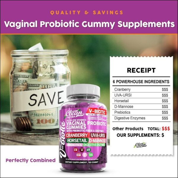 Vaginal Probiotics for Women Gummies with Cranberry, Uva Ursi, Horsetail, D-Mannose, Prebiotics & Digestive Enzymes Women's Vaginal Health Supplement for pH Balance Flora Odor VBiotic by Clean Nutra - Image 8