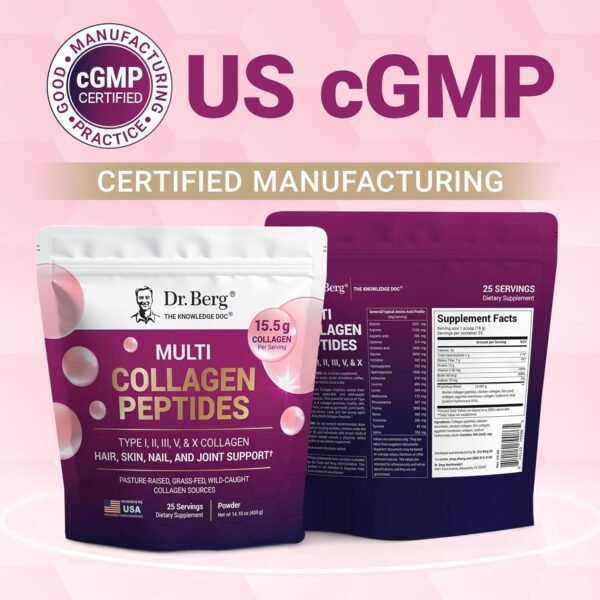 Dr. Berg Multi Collagen Peptides Powder Types I, II, III, V, X - Unflavored Collagen Powder w/ 14 g of Protein - Grass-Fed, Pasture-Raised & Wild-Caught Collagen Sources - 25 Servings - Image 6