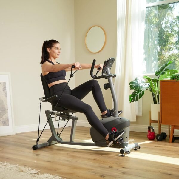 Sunny Health & Fitness Smart Indoor Recumbent Bike Trainer, Home Full Body Workout & Cardio Cycling Machine for Seniors, Free SunnyFit Bluetooth Connect, Optional Arm Exerciser Hand Cycle & Bands - Image 10