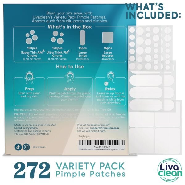 LivaClean 272 CT Pimple Patches Variety Pack w/Tea Tree Oil, Salicylic Acid & Calendula Oil - Pimple Patches Large, Large Acne Dressing for Face Acne Patch XL, Hydrocolloid Patch - Image 3