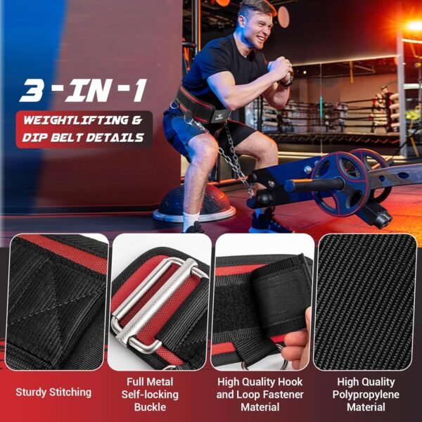 3-in-1 Weighted Pull Up Belt, Weight Lifting Dip Belt with 40.6 IN Chain & Self Locking, Weighted Gym Belt for Pull Up, Squat, Powerlifting & Deadlift, Capacity Up to 350 LBS(Size S) - Image 3
