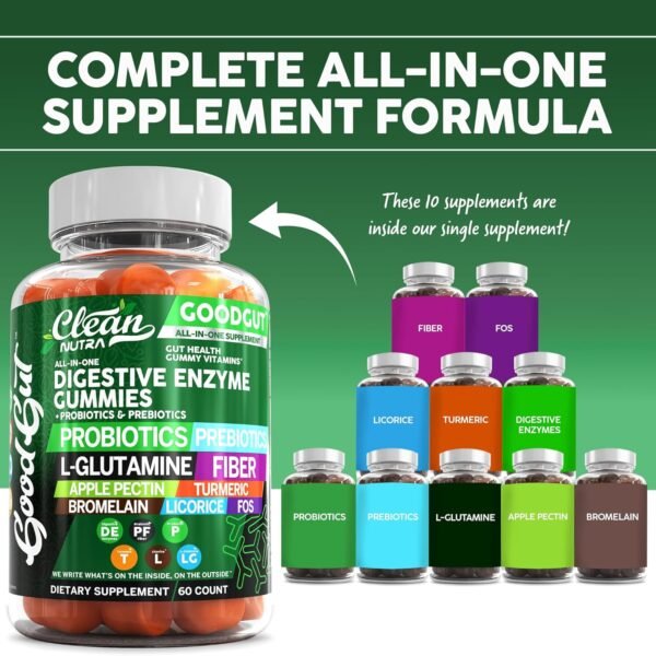 Digestive Enzymes with Probiotics and Prebiotics For Digestive Health Gummies + L-Glutamine For Gut Health Bromelain Turmeric Licorice Fiber Apple Pectin Inulin FOS Plant Pased Vegan Gummy Vitamins - Image 3
