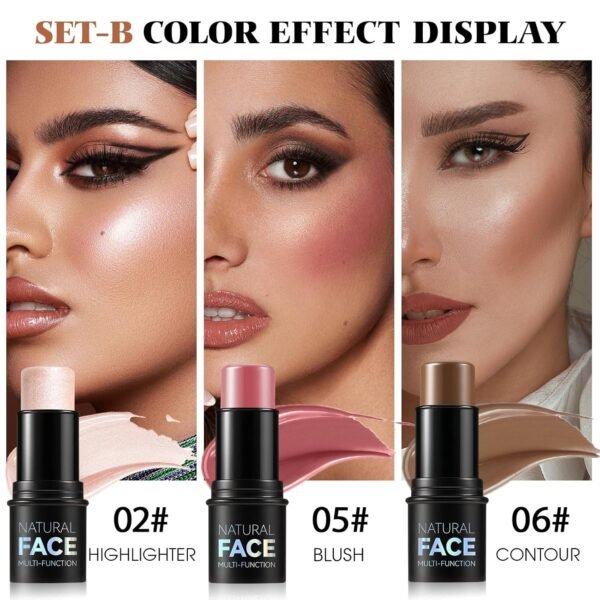 3Pcs Cream Contour Stick Makeup Kit - Cream Blush Stick Highlighter Stick Contour Bronzer Stick for Cheeks, Waterproof Long Lasting Blendable, Contour Stick Trio for Face Makeup (#02, 05, 06) - Image 4