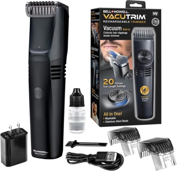 Vacutrim Cordless Mens Beard Trimmer, Rechargeable Electric Shaver with 20 Trim Setting Calibration Dial and Built-in Vacuum for Mustache, Sideburns. Facial Hair, Black, 7.5", As Seen On TV - Image 2