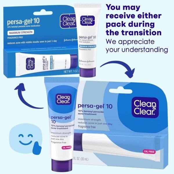 Clean & Clear Persa-Gel 10 Oil-Free Acne Spot Treatment with Maximum Strength 10% Benzoyl Peroxide, Topical Pimple Cream & Acne Gel Medication for Face Acne, Fragrance-Free, 1 fl. oz, 4 Pack - Image 3