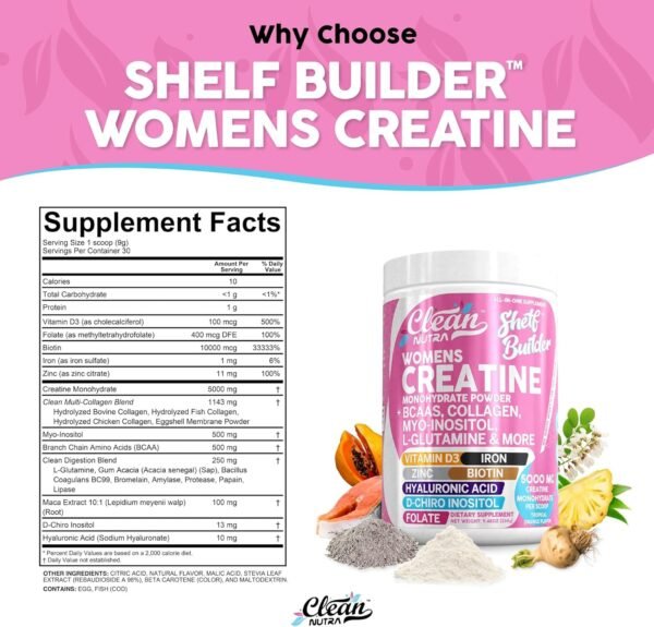 Creatine for Women | Creatine Monohydrate + BCAA Powder Myo-Inositol Collagen Biotin Hyaluronic Acid Folate L Glutamine Vitamin D3 Iron Zinc D-Chiro-Maca Digestion Shelf Builder by Clean Nutra - Image 6