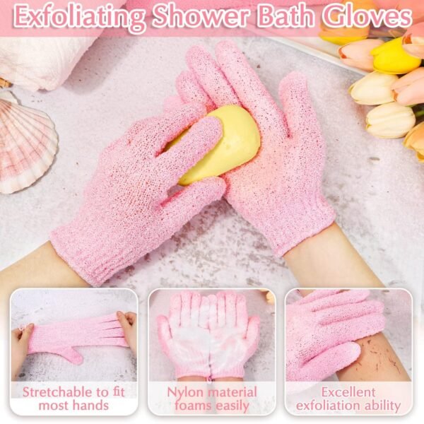 Anezus Exfoliating Shower Bath Gloves Back Scrubber Set for Body, Face, Shower, Bath, Scrub and Exfoliator (Pink) - Image 4