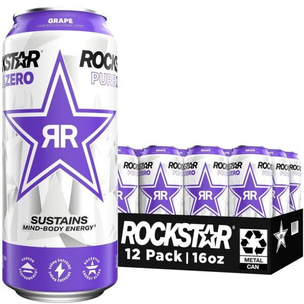 Rockstar Pure Zero Energy Drink, Grape, 0 Sugar, with Caffeine and Taurine, 16oz Cans (12 Pack) (Packaging May Vary) - Image 2