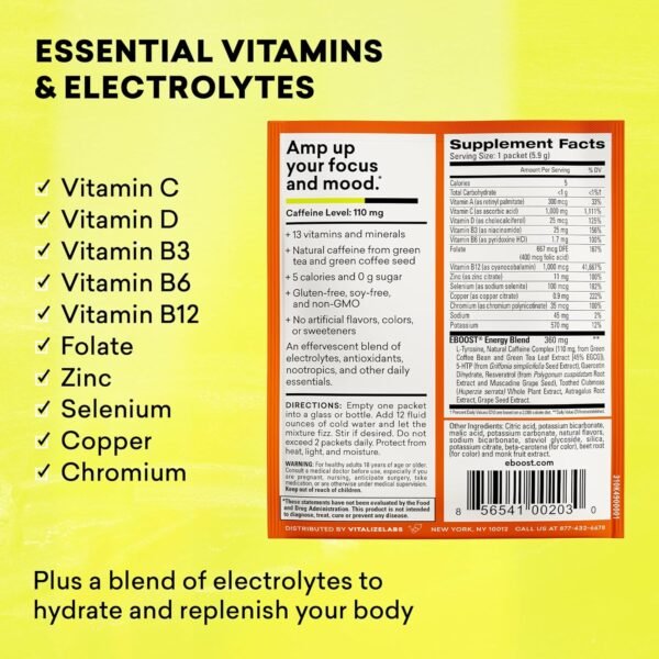 EBOOST Energy Drink & Electrolyte Powder, 20 Packets - Super Powder Orange with No Added Sugar - Essential Blend of Vitamins, Nootropics & Natural Caffeine and Hydration - Pre & Post Workout - Image 4