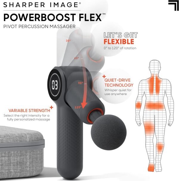 Sharper Image Powerboost Flex Percussion Massager, 120° Pivot Massage Gun, 6 speeds, 4 Attachments, Neck Back & Full Body Massage, Compact Pain Relief, Portable Athlete Muscle Recovery, Gifts for Men - Image 3
