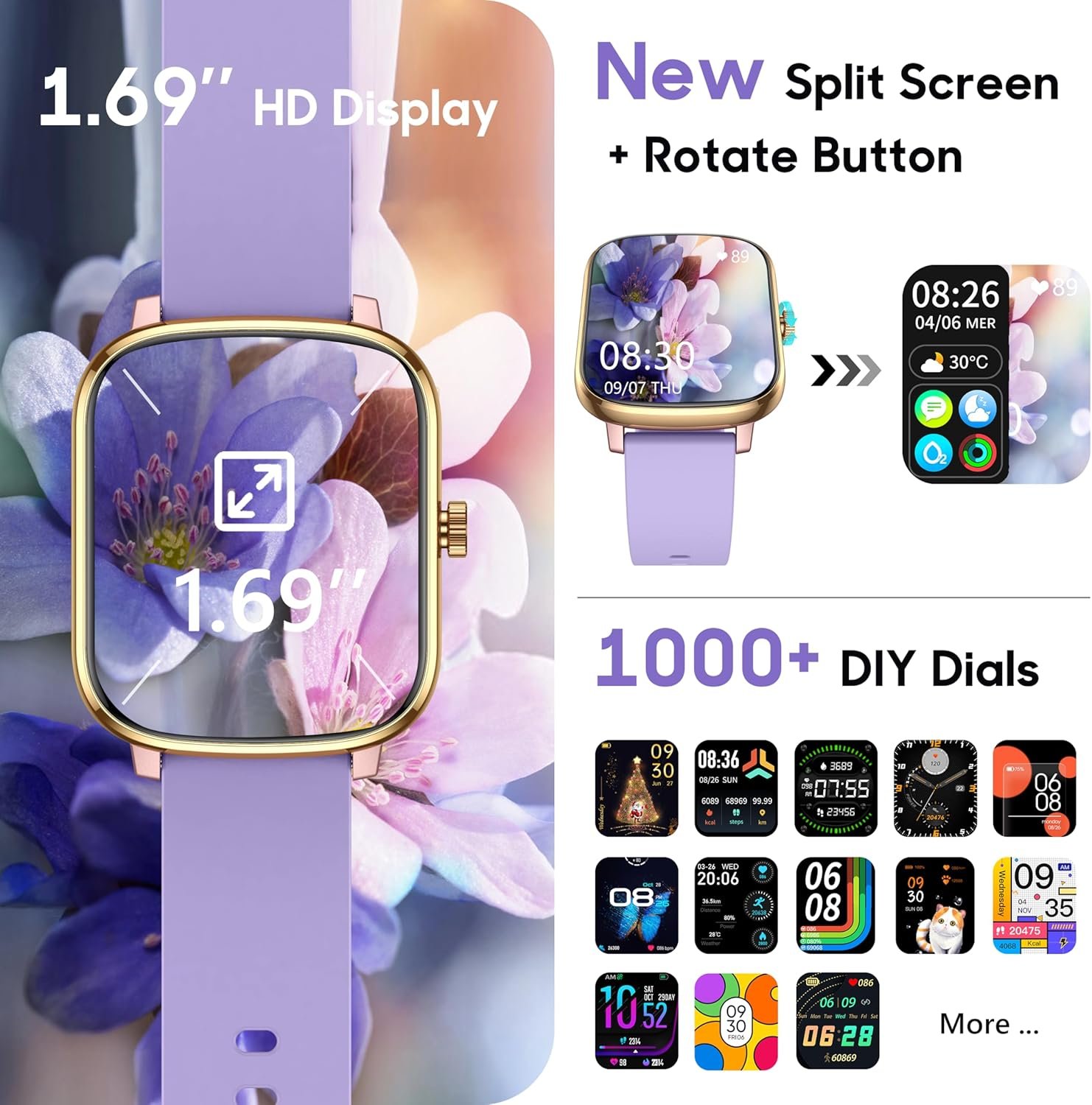 Popglory Smart Watch, 1.69'' Fitness Watch Women Men with Heart Rate, Blood Pressure, Blood Oxygen & Sleep Monitor, 110 Sports Modes Fitness Tracker, Waterproof Pedometer Compatible Android iPhone - Image 6