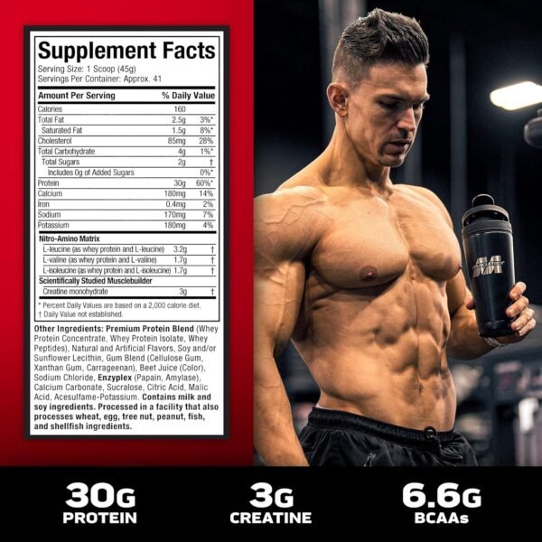 Muscletech Whey Protein Powder (Strawberry, 4 Pound) - Nitro-Tech Muscle Building Formula with Whey Protein Isolate & Peptides - 30g of Protein, 3g of Creatine & 6.6g of BCAA - Image 5