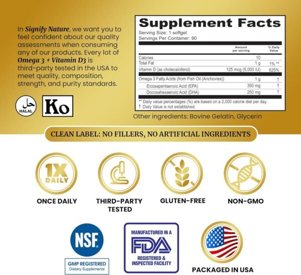 SIGNIFY NATURE Omega 3 Fish Oil Supplement with Vitamin D3 5000 IU - 1000mg Triglyceride Capsules for Brain Health - Omega3 EPA DHA + VIT D 3-90CT - Image 3