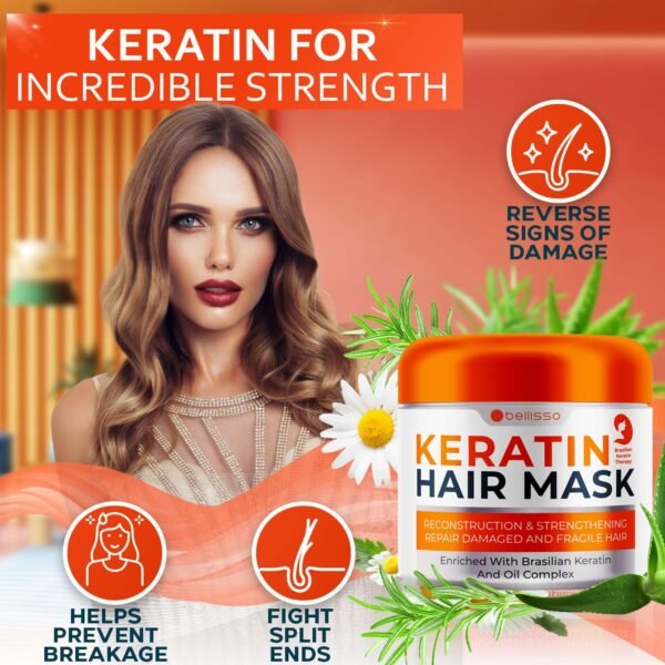 Keratin Hair Mask - Sulfate Free Hydrating Deep Conditioner Treatment for Dry, Damaged and Split Ends - Moisture for Frizzy and Curly Hair - For Women and Men - Moisturizer Care to Repair Damage - Image 3