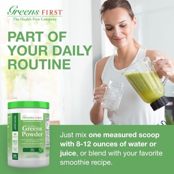 Greens First - Mint - 60 Servings - Greens Powder Superfood, 49 Organic Fruit & Vegetable Superfoods, Antioxidant Juice Smoothie Mix Supplement, Dairy Free, Vegan & Non-GMO - 19.72 oz - Image 7