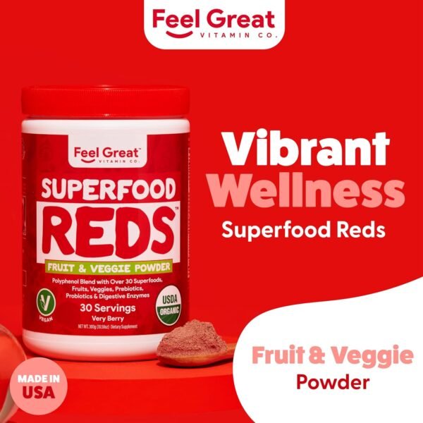 ​Feel Great Organic Superfood Reds Powder Packed with Beet Root Powder | Digestive Support Including Bloating Relief | Fruit and Veggie Polyphenols Supplement. - Image 4