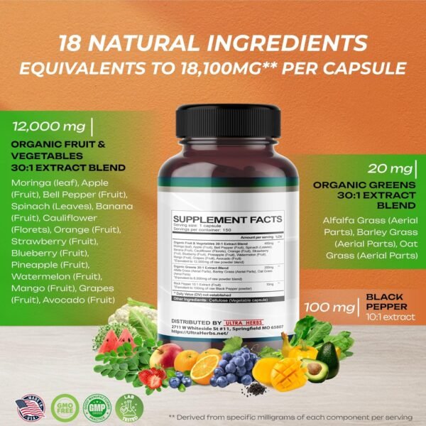 Superfood Greens 18 IN 1 - 18,100mg with Fruits & Vegetables & Herbs -Moringa, Alfalfa, Apple, Spinatch, Banana, Strawberry- Boost Energy, Immunity and Gut Health (150-day supply (pack of 1)) - Image 4