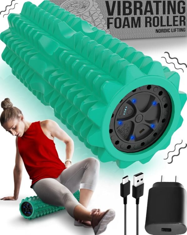 Nordic Lifting Vibrating Foam Roller w/ 5 Intensity Vibration, High Density EVA Foam for Deep Tissue Massage & Muscle Recovery - Ideal for Back Pain, Plantar Fasciitis Relief, Physical Therapy - Green - Image 2