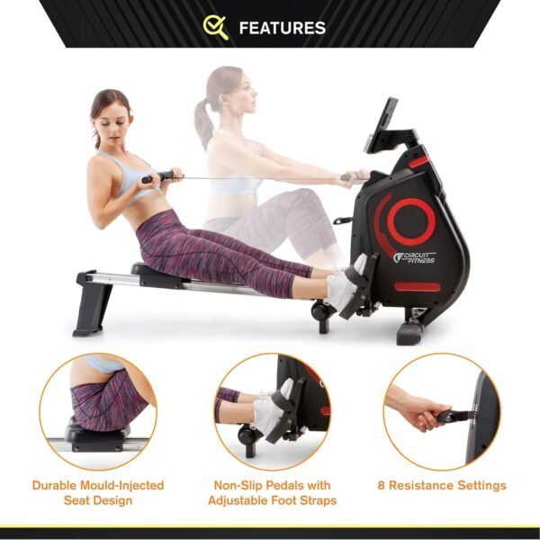 CIRCUIT FITNESS Circuit Fitness Foldable Magnetic Rowing Machine for Cardio and Body Building Exercise - Red/Bluetooth - Image 6