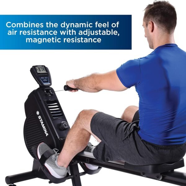 Stamina Dual Air and Magnetic Resistance Rowing Machine w/Fitness Coaching App - 8 Levels Magnetic & Air Resistance, LCD Monitor - Compact Rowing Machines for Home Use - Image 3