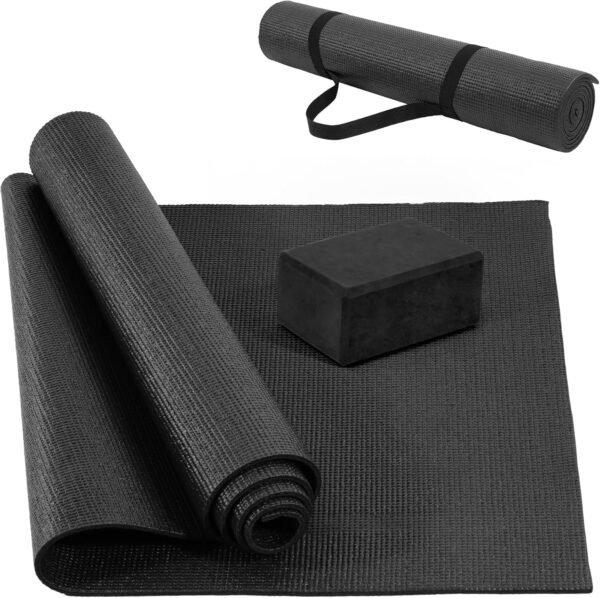 All Purpose 1/4-Inch High Density Anti-Tear Exercise Yoga Mat with Carrying Strap and Yoga Blocks, Black - Image 2