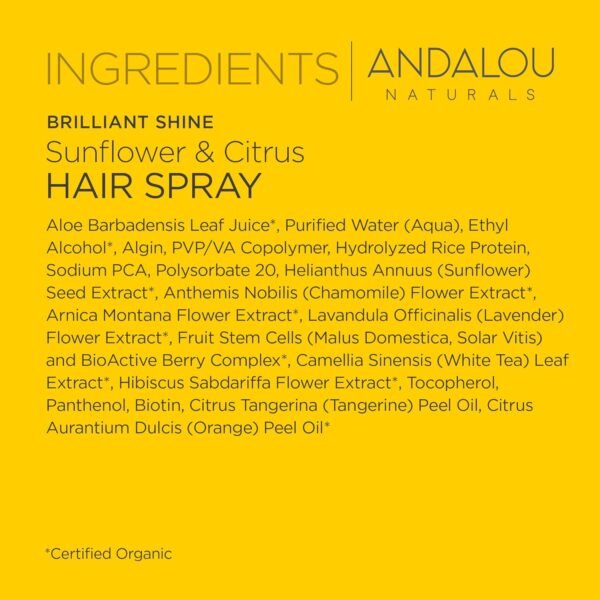 Andalou Naturals Brilliant Shine Hair Spray, Sunflower & Citrus, Styling and Hair Shine Spray with Medium hold, Tames Frizzy Hair & Flyaways, Quick Drying & Non-Sticky, Cruelty Free, 8.2 Fl Oz - Image 6