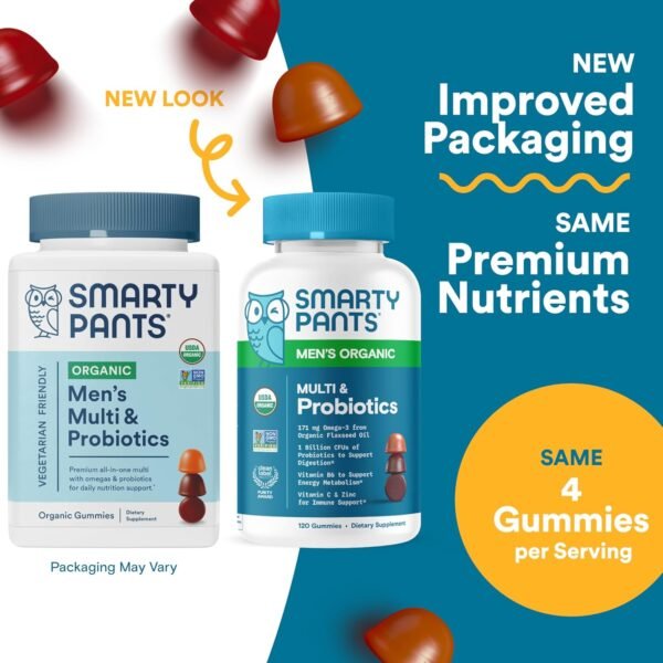 SmartyPants Multivitamin for Men, Organic Gummies: Probiotics, CoQ10, Methylfolate, Omega 3 (ALA), Vitamin D3, C, Vitamin B12, B6, A, K & Zinc for Immune Support, Biotin, 120 Gummies (30 Day Supply) - Image 3