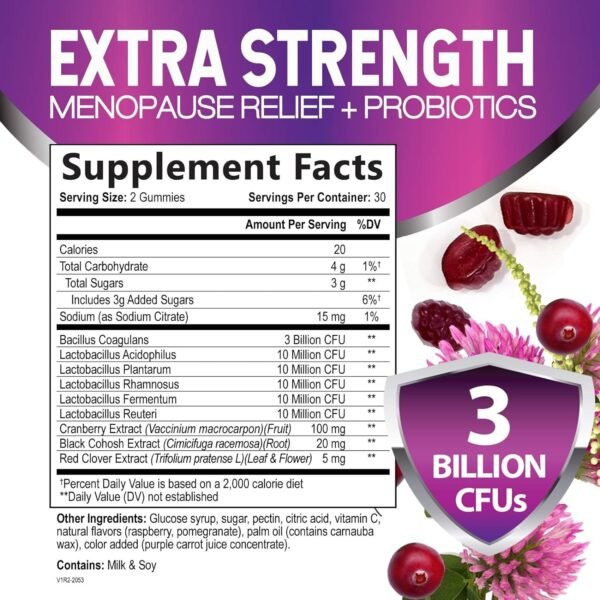 Menopause Probiotic for Women Gummy with Cranberry, 3 Billion CFU Natural Menopause Relief for Mild Hot Flashes & Night Sweats, PH, Vaginal Health, Immune Support, Probiotic Supplement - 60 Gummies - Image 3