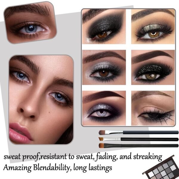 Black Grey Smoky Eyeshadow Palette,15 Colors Matte Shimmer Pigmented Eye Shadow Makeup Palette Set with 3 Eyeshadow Brushes,Glitter Eyeshadow Makeup Palette for Daily Halloween Goth Makeup(A) - Image 6