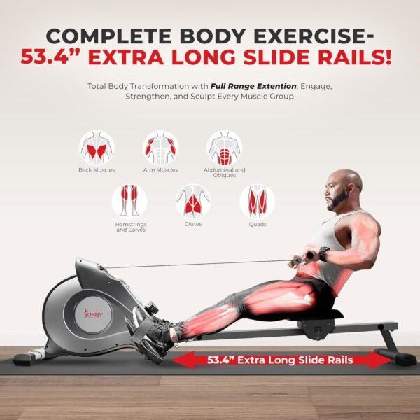 Sunny Health & Fitness Flip & Foldable Rowing Machine for Home w/Extended Slide Rail, Full-Body Workout, Low-Impact, Optional Extra Long Rail, Quiet Rail Cover, Water Motion and Free SunnyFit App - Image 3