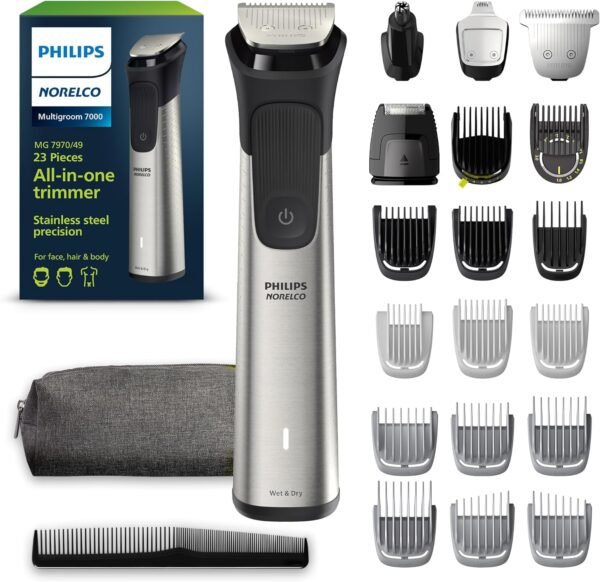 Philips Norelco Multigroom 7000 Series, All-in-One Trimmer, Beard Trimmer and Hair Clipper, 23-Piece Men's Grooming Kit for Beard, Face, Nose, Ear, Body, with Titanium Blades, Travel Pouch, MG7970/49 - Image 2