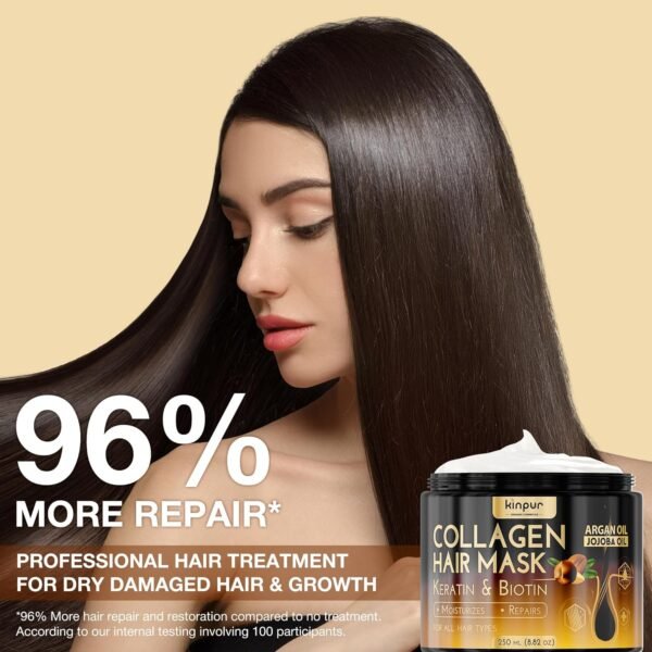 Hair Mask for Dry Damaged Hair with Collagen, Biotin, Argan Oil - Helps Repair Hair and Reduce Damage from Heat, Sun, Coloring - Moisturizing Keratin Hair Mask for Split Ends, Hair Loss and Breakage - Image 3