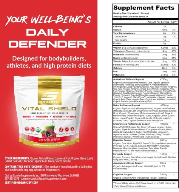 Granite Supplements Vital Shield, Greens Superfood Powder, Very Berry Flavor, Supports Performance, Gut Health, Immunity, & Nutrition (30 Servings) - Image 4