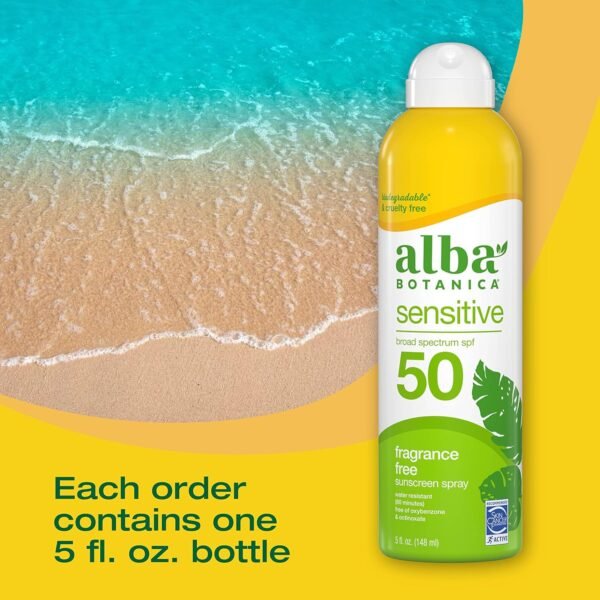 Alba Botanica Sensitive Sunscreen Spray for Face and Body, Fragrance-Free, Broad Spectrum SPF 50, Water Resistant, 5 fl. oz. Bottle - Image 4