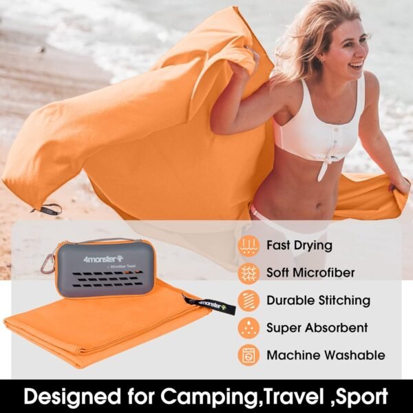 4Monster Camping Towels Super Absorbent, Fast Drying Microfiber Travel Towel, Quick Dry Ultra Soft Compact Gym Towel for Swimming Beach Hiking Yoga Travel Sports Backpack (47.00" x 23.60", Orange) - Image 3