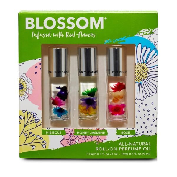 Blossom Roll on Perfume for Women Alcohol Free Rollerball Perfume Oil with Essential Oils, Infused with Real Flowers, Made in USA, 0.3oz, 3 pack Mini Gift Set, Hibiscus/Honey Jasmine/Rose - Image 2